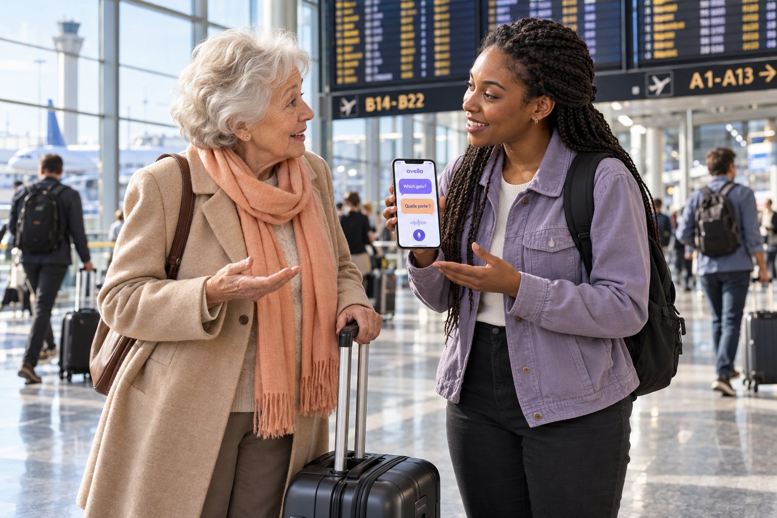 A younger woman holding Avello on her phone to help an elderly traveler ask a question at an airport