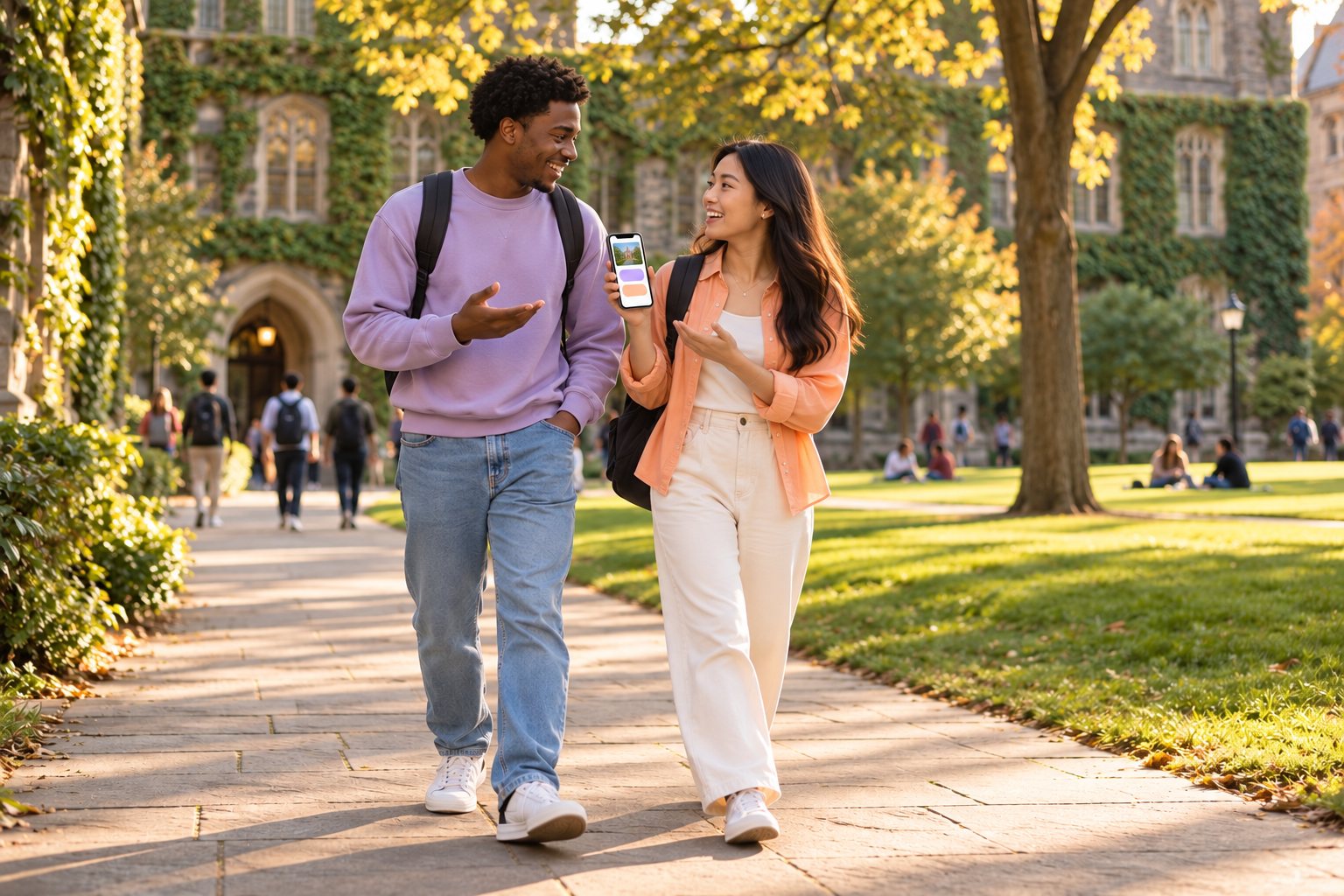 Two college students walking and talking on campus while holding one shared phone between them