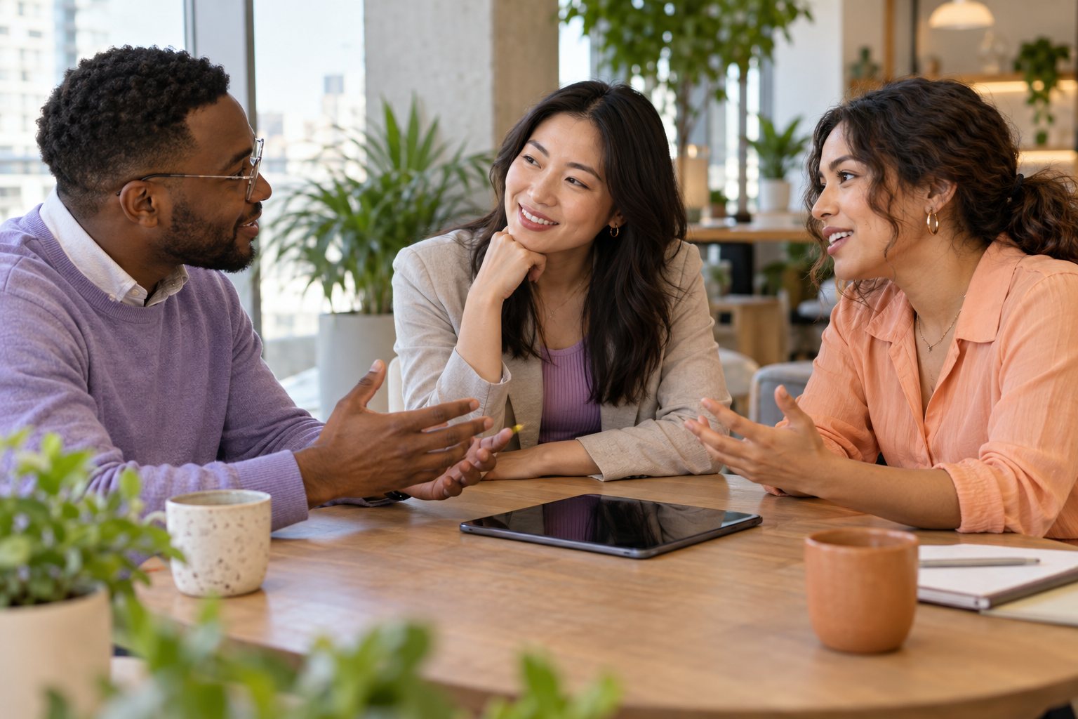 Three colleagues having a relaxed conversation around one shared tablet
