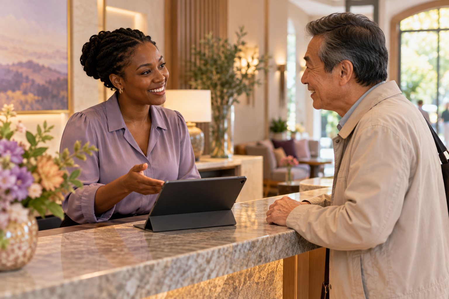 A receptionist and a visitor sharing a friendly welcome across a tablet