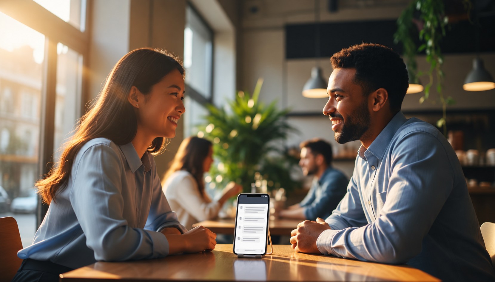 Two people sharing a warm face-to-face conversation across a café table with one phone between them