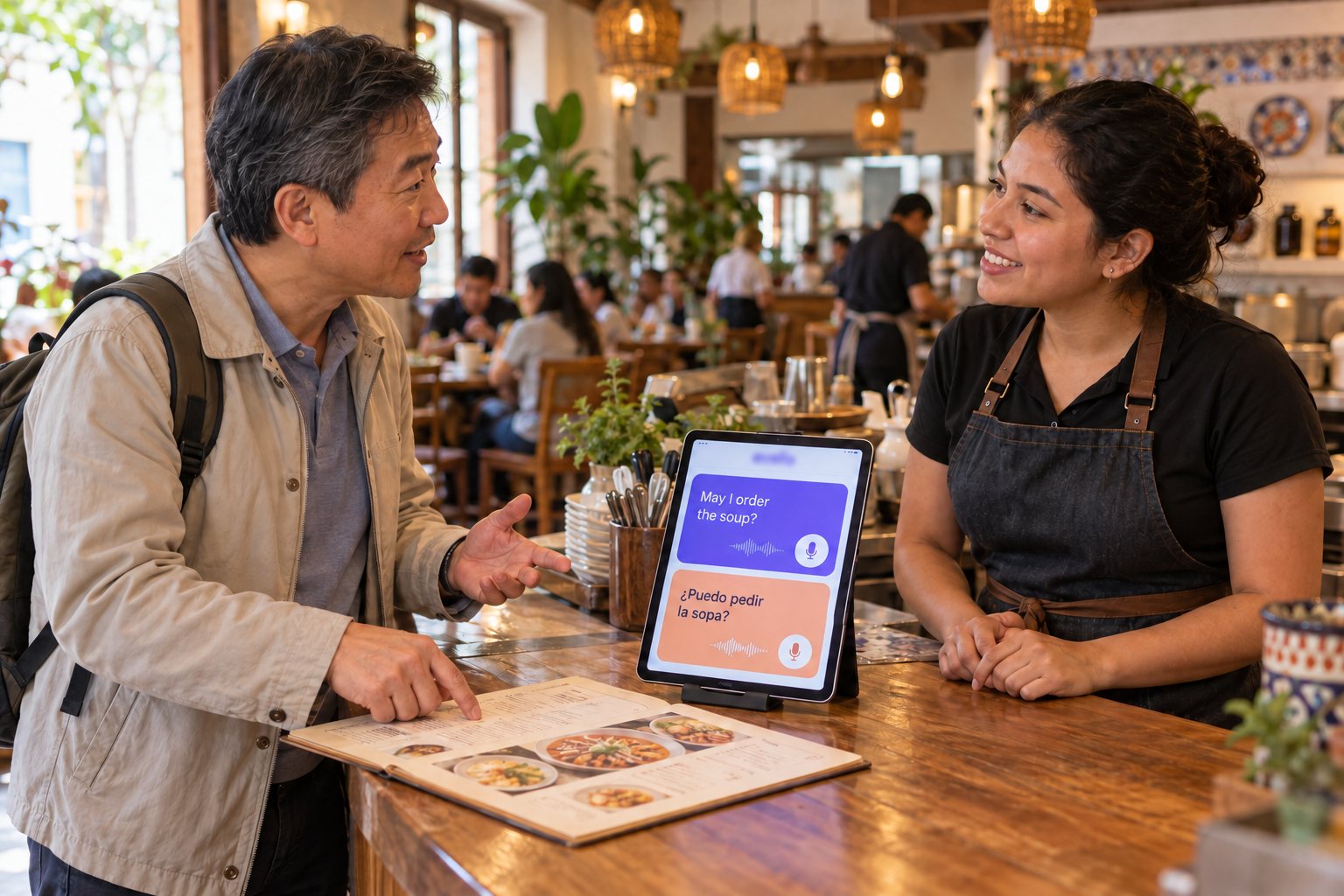 A guest ordering soup with a restaurant server through one shared translation tablet; the tablet brand name is blurred