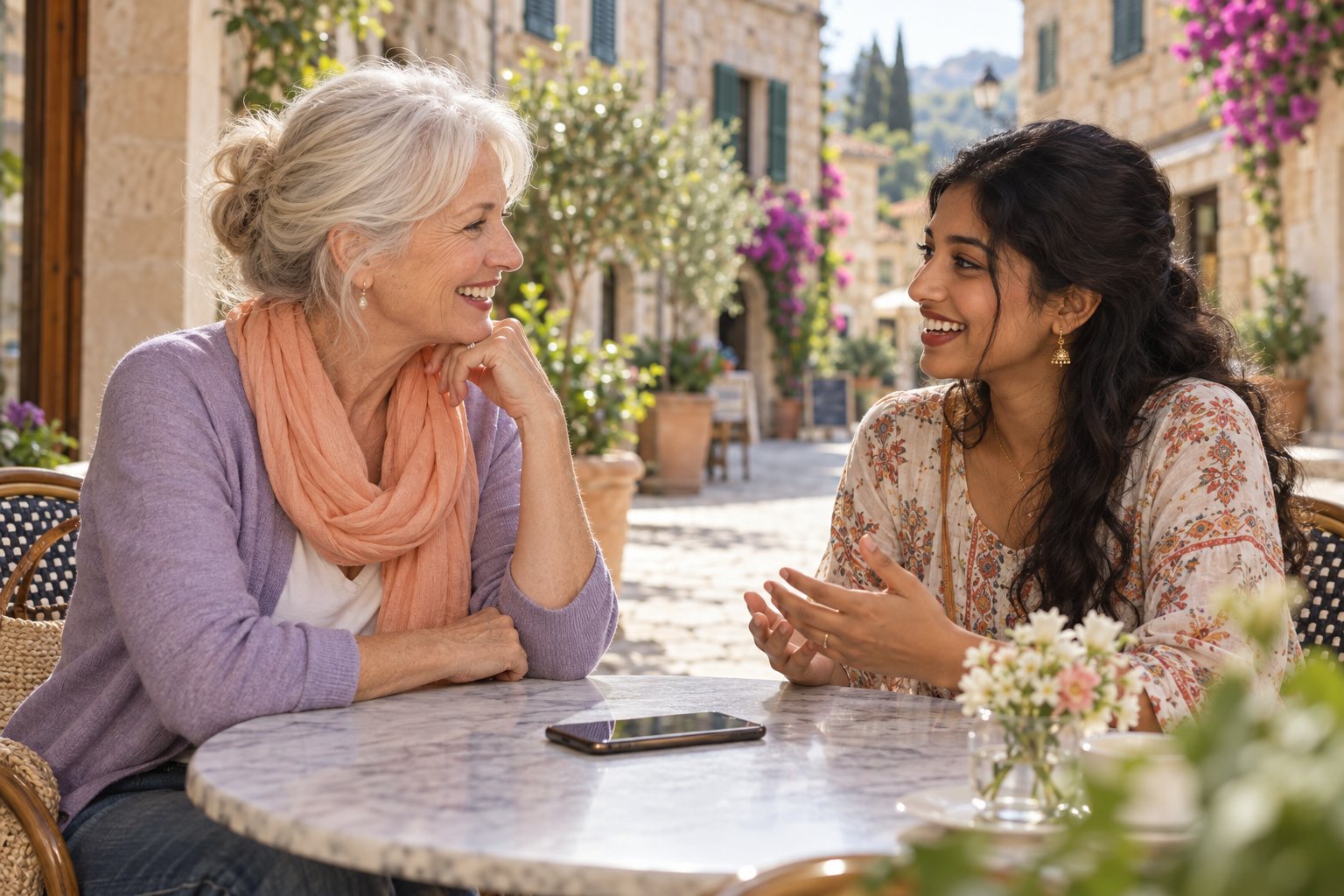 Two women talking face to face over a shared phone at an outdoor café table